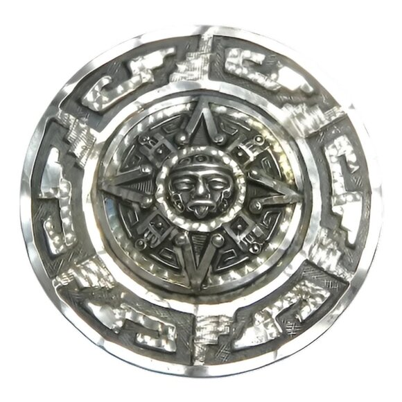 Vintage Sterling Silver Mexico Aztec Mayan Celestial Sun Calendar Pendant Brooch - Picture 4 of 4